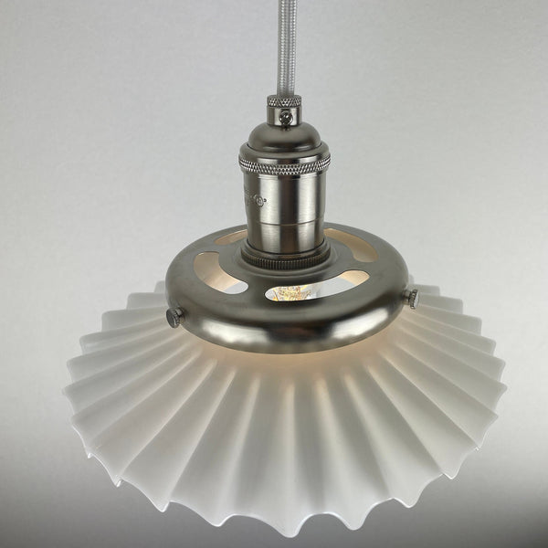 Antique Early 1900's Accordion 8" Milk Glass Oil Lamp Chimney now a beautiful Pendant Light  W/Custom Satin Nickel Hardware