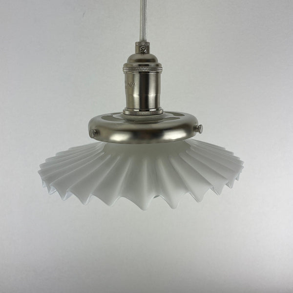 Antique Early 1900's Accordion 8" Milk Glass Oil Lamp Chimney now a beautiful Pendant Light  W/Custom Satin Nickel Hardware