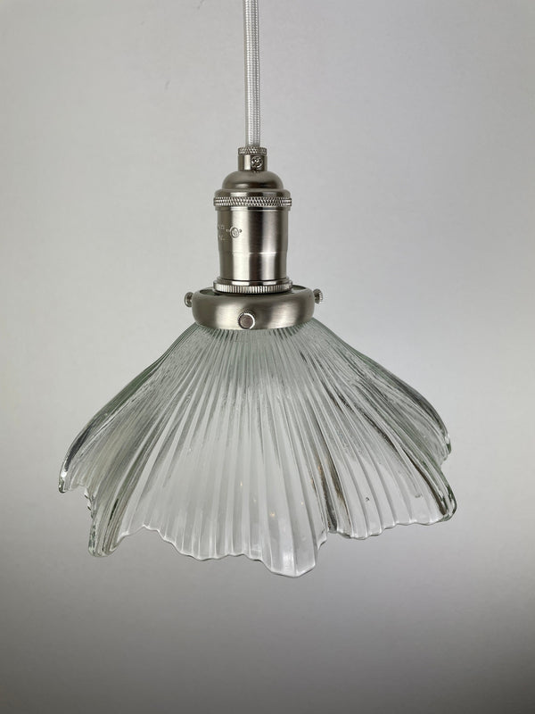 Vintage fluted Holophane Style Clear Cut glass 8 1/4" Shade now a beautiful Pendant Light with Satin Nickle Hardware