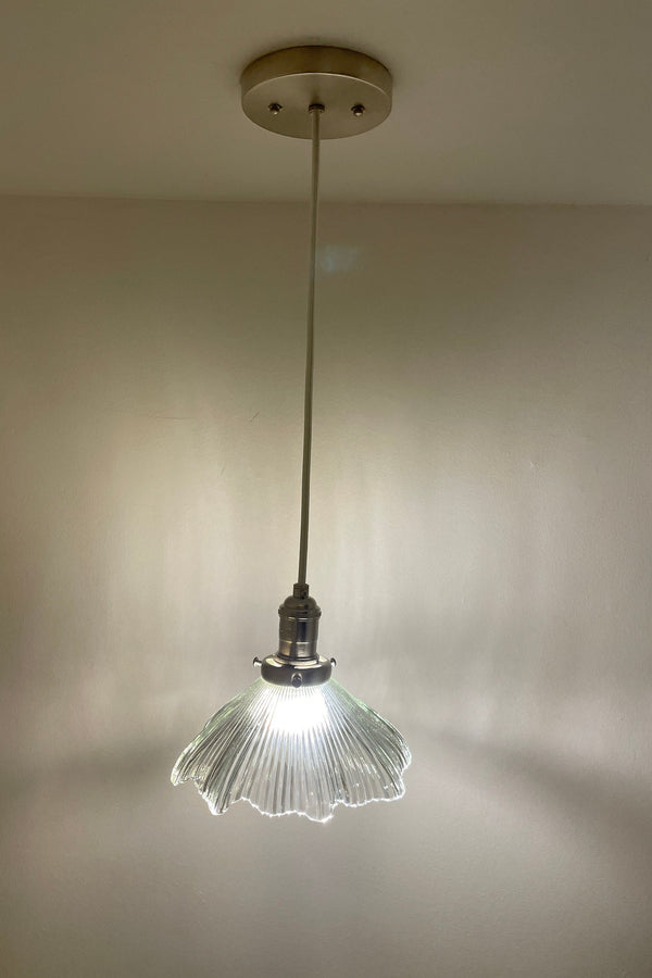 Vintage fluted Holophane Style Clear Cut glass 8 1/4" Shade now a beautiful Pendant Light with Satin Nickle Hardware