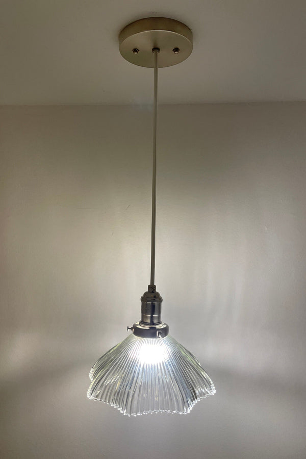 Vintage fluted Holophane Style Clear Cut glass 8 1/2" Shade now a beautiful Pendant Light with Satin Nickle Hardware