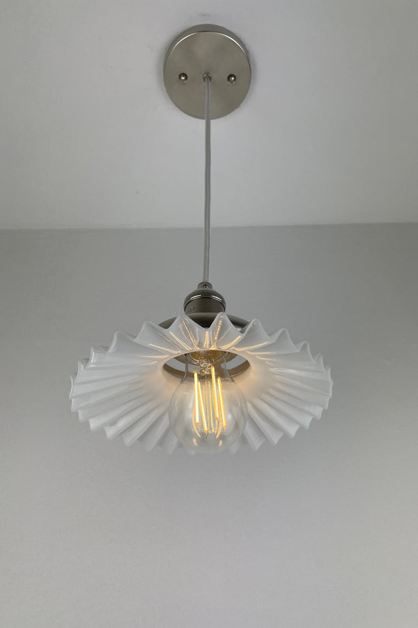 Antique Early 1900's Accordion 8" Milk Glass Oil Lamp Chimney now a beautiful Pendant Light  W/Custom Satin Nickel Hardware