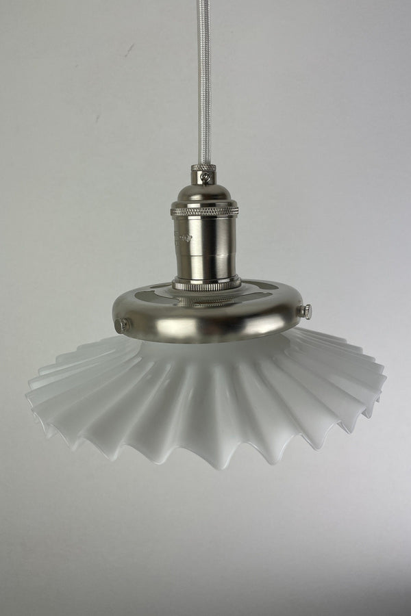 Antique Early 1900's Accordion 8" Milk Glass Oil Lamp Chimney now a beautiful Pendant Light  W/Custom Satin Nickel Hardware