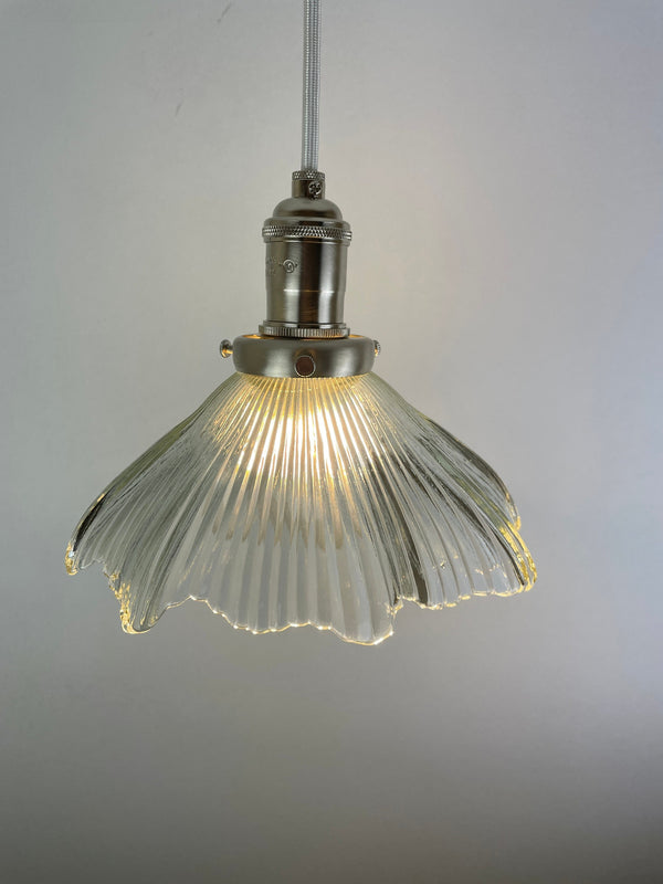 Vintage fluted Holophane Style Clear Cut glass 8 1/4" Shade now a beautiful Pendant Light with Satin Nickle Hardware