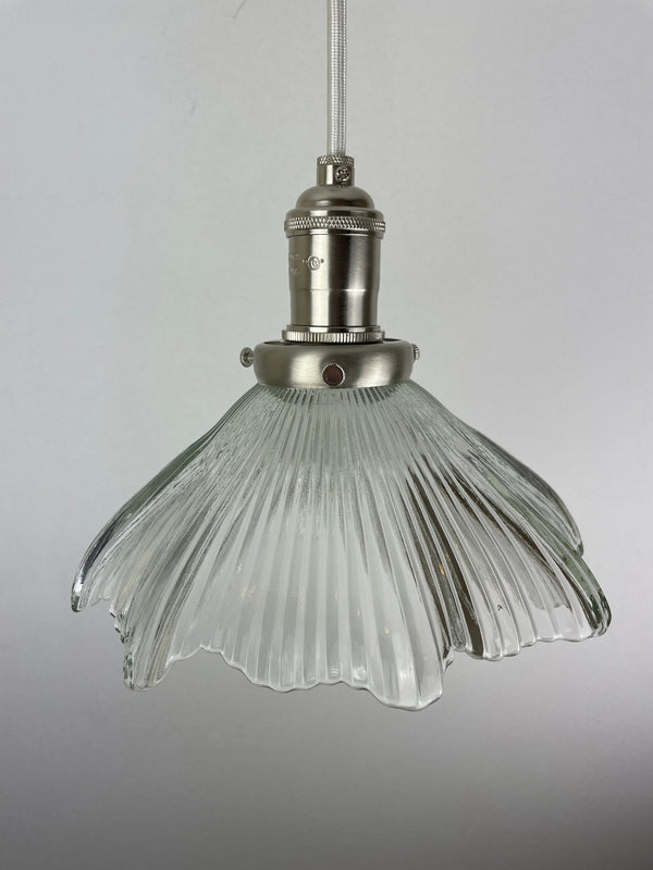 Vintage fluted Holophane Style Clear Cut glass 8 1/4" Shade now a beautiful Pendant Light with Satin Nickle Hardware