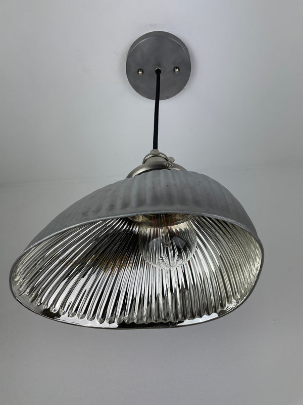 Vintage Pittsburgh Permaflector Gray ribbed XRay clamshell-shaped mercury glass shade with interior reflective surface