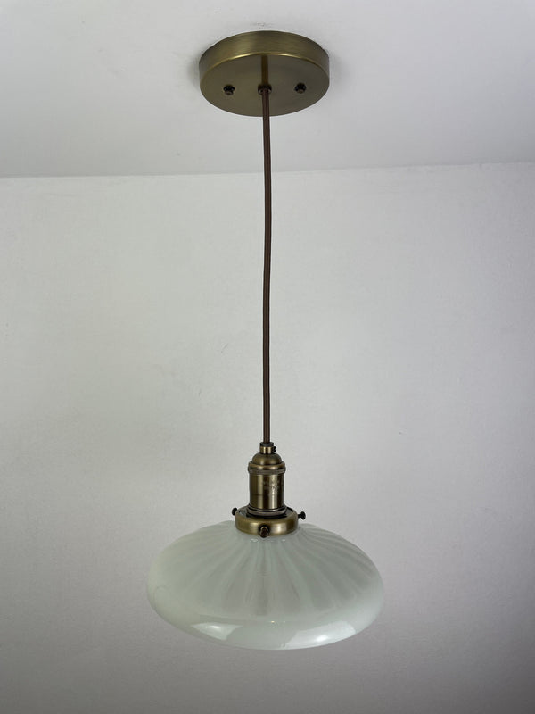 Antique 1920's 9" Off White Milk Glass Shade now a beautiful Pendant Light shown with Antqiue Brass Hardware