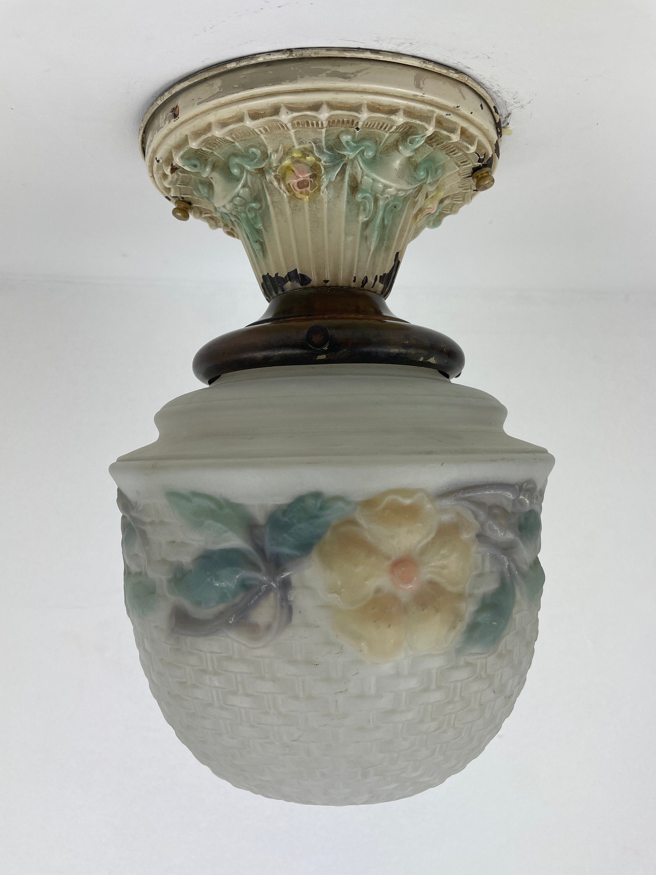 Antique early 1900's Jefferson Glass reverse painted flowers woven pattern glass
