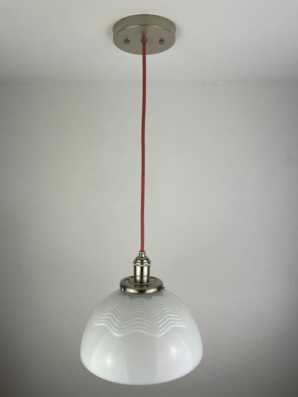 Mid-Century 1950/60's Original Corning Ware Design Wave Milk Glass 10" Shades | Pendant Light W/Custom Satin Nickel Hardware