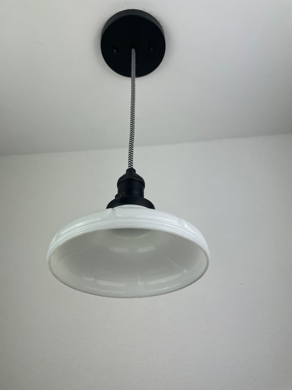 Antique 1920's Milk Glass 6 3/4" Shade now a beautiful Pendant Light shown with custom Black Hardware