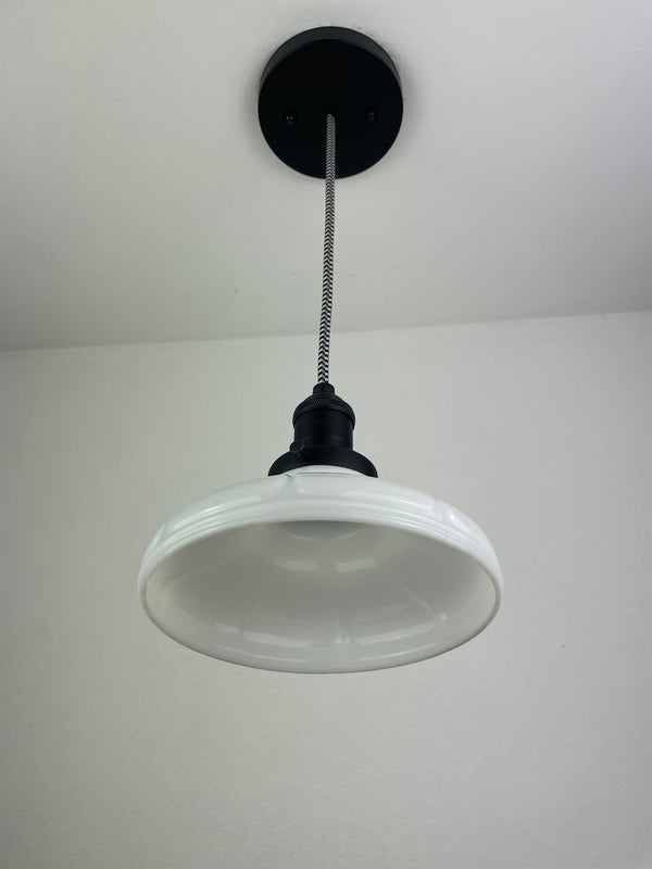 Antique 1920's Milk Glass 6 3/4" Shade now a beautiful Pendant Light shown with custom Black Hardware