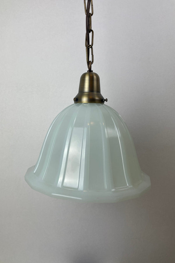 Rare Antique 1920's Bell Shaped Large 11" Milk Glass shown with Custom Antique Brass Chain Hung Hardware