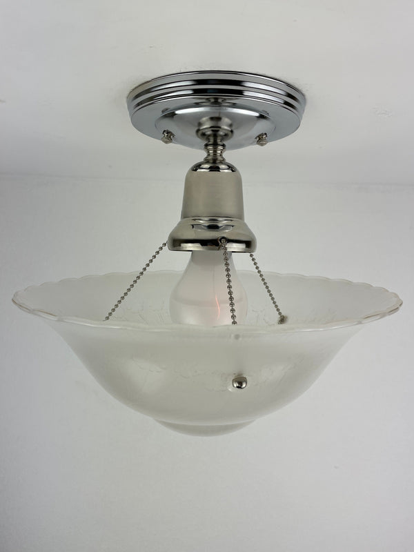 Fabulous Original Art Deco 1940's 3 Chain Semiflush frosted with glass accents  - all new Satin Nickel hardware