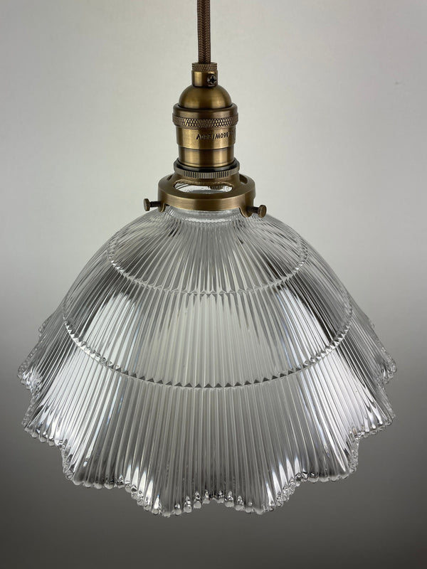 Rare find original 1911 10 1/2" Ruffled edge Holophane shade shown with antique brass hardware