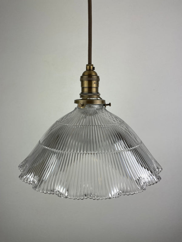 Rare find original 1911 10 1/2" Ruffled edge Holophane shade shown with antique brass hardware