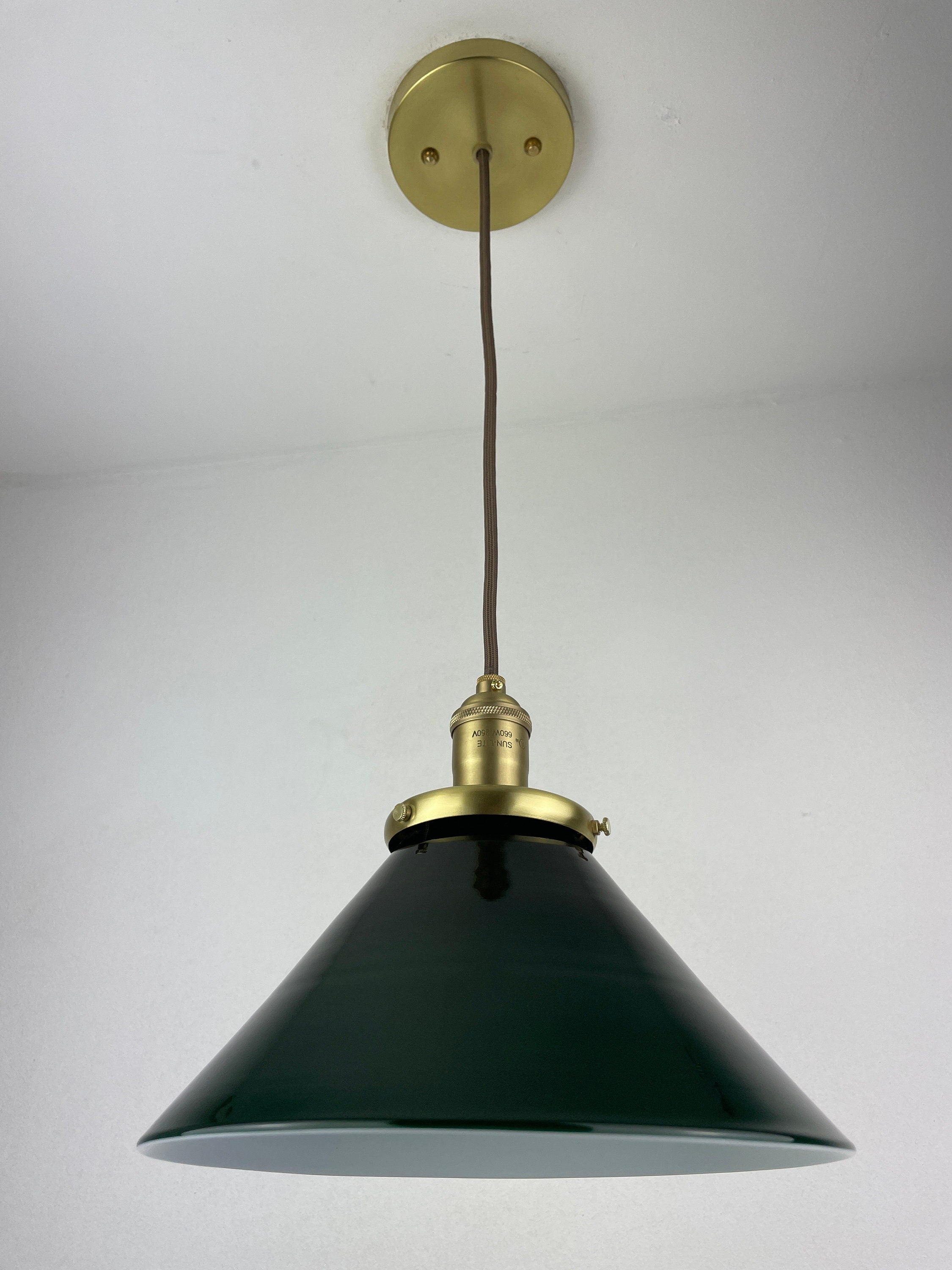 Beautiful vintage dark Emerald Green Glass Shade with interior white casing now a beautiful pendant light with custom Satin Brass hardware