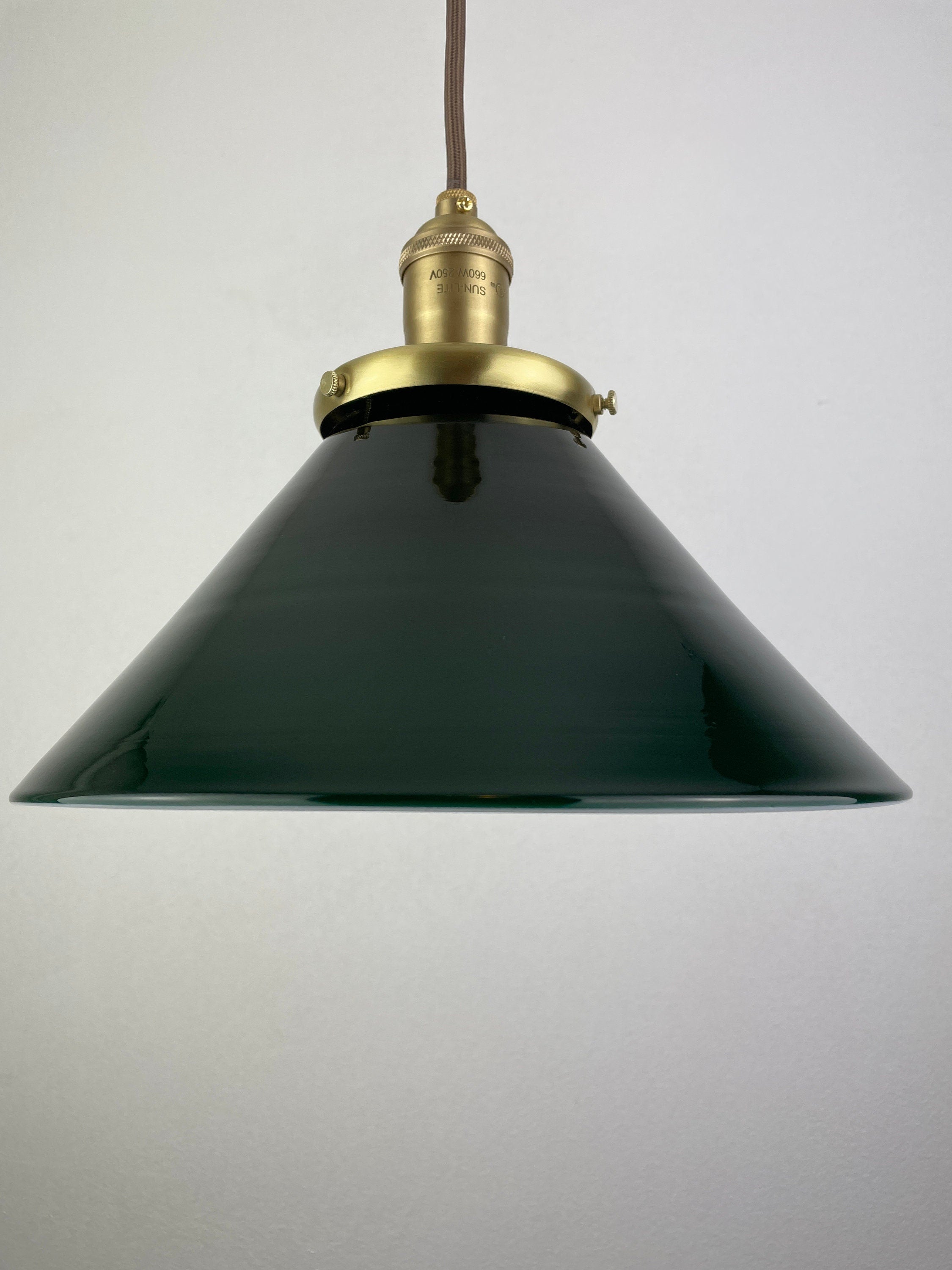 Beautiful vintage dark Emerald Green Glass Shade with interior white casing now a beautiful pendant light with custom Satin Brass hardware