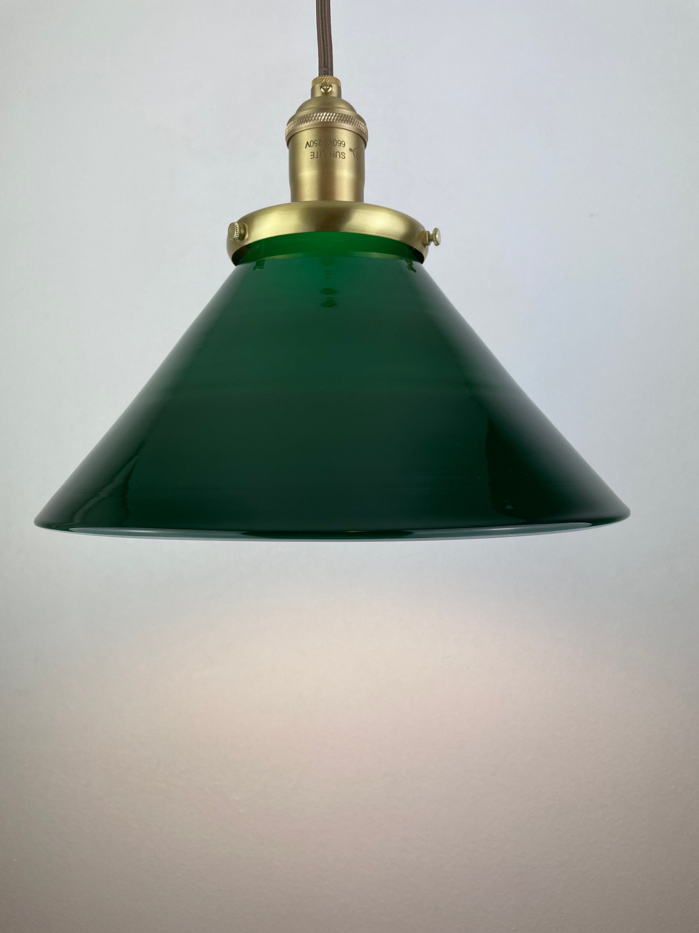 Beautiful vintage dark Emerald Green Glass Shade with interior white casing now a beautiful pendant light with custom Satin Brass hardware