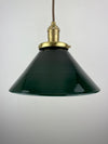 Beautiful vintage dark Emerald Green Glass Shade with interior white casing now a beautiful pendant light with custom Satin Brass hardware