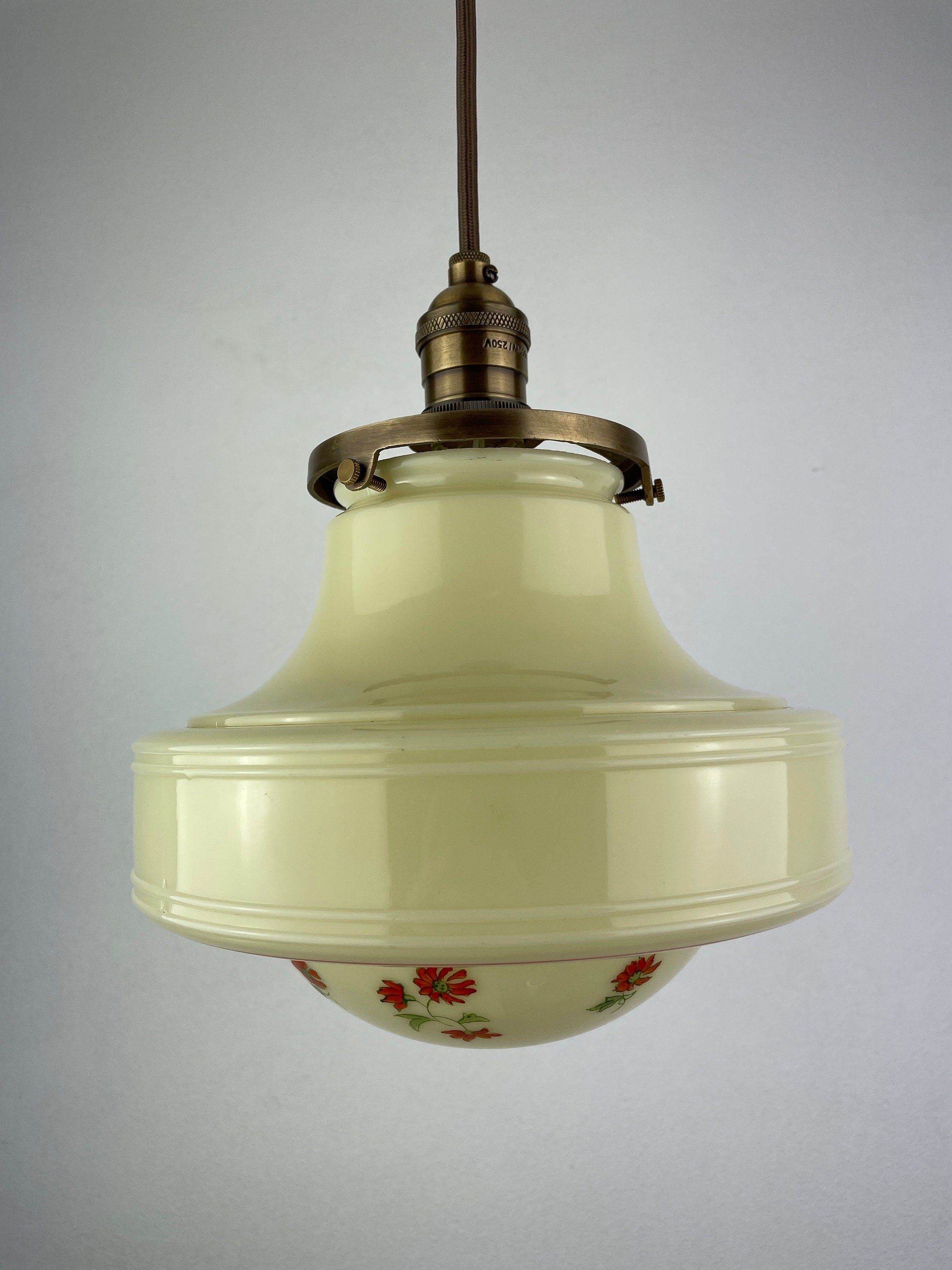 Beautiful Antique 1920's Custard Shade with Hand Painted Green & Red Flowers with Antique Brass Hardware
