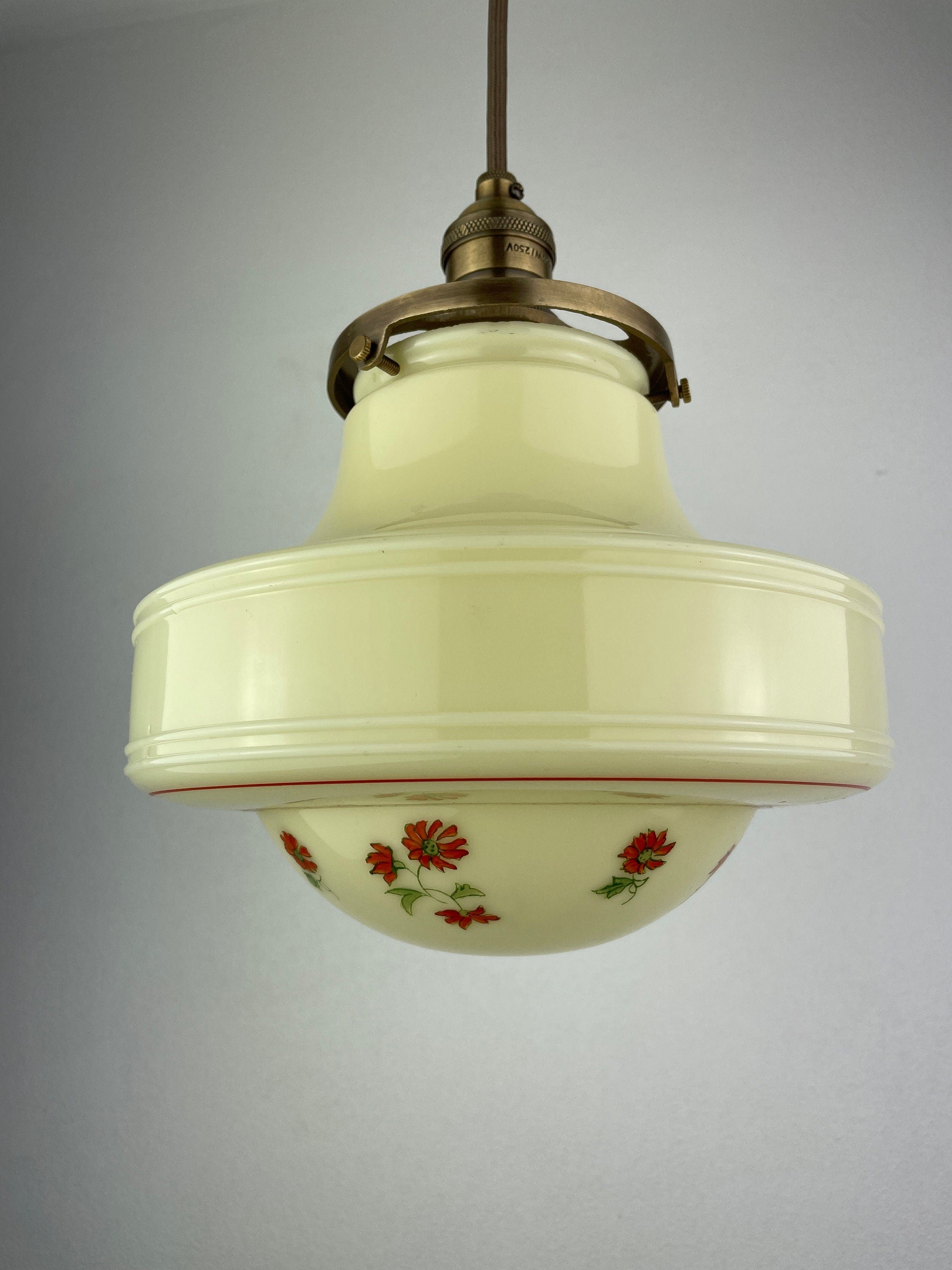 Beautiful Antique 1920's Custard Shade with Hand Painted Green & Red Flowers with Antique Brass Hardware