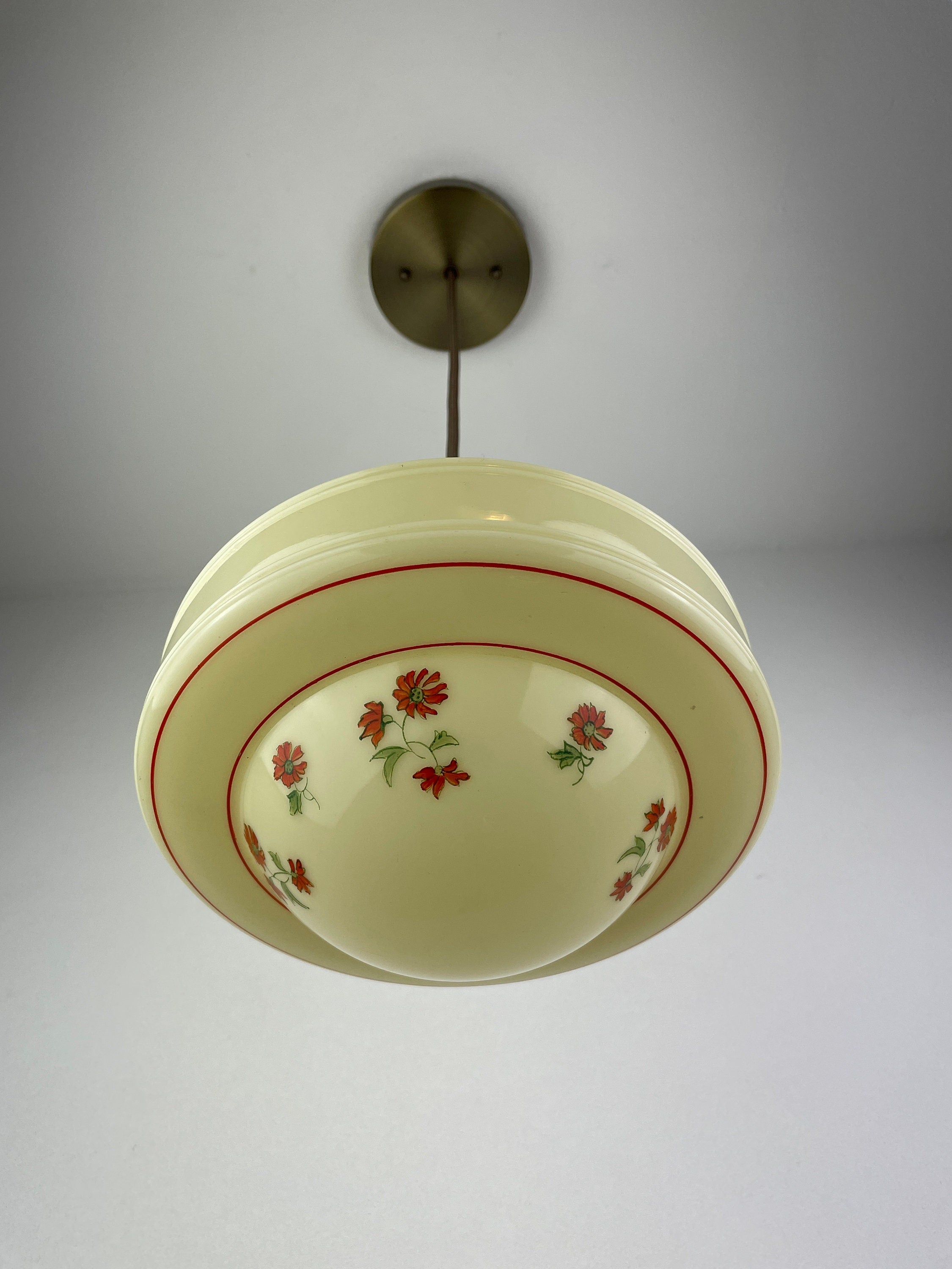 Beautiful Antique 1920's Custard Shade with Hand Painted Green & Red Flowers with Antique Brass Hardware