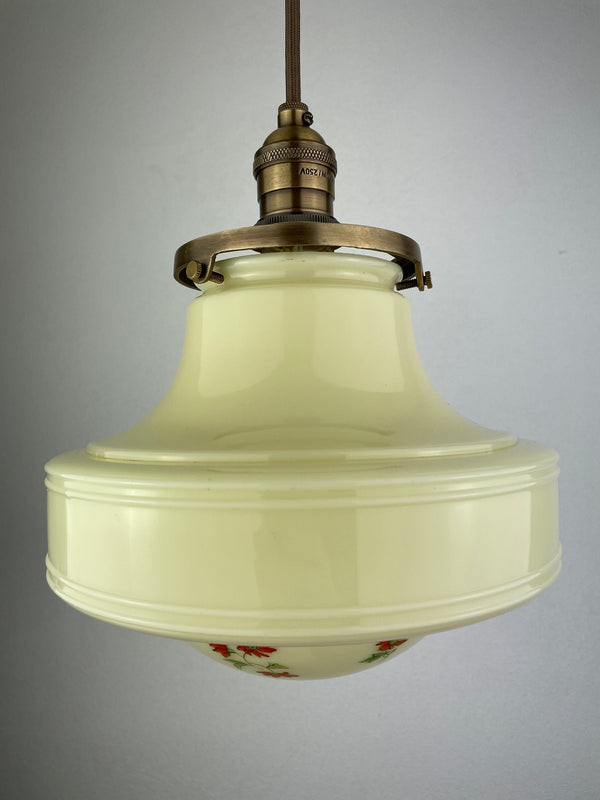 Beautiful Antique 1920's Custard Shade with Hand Painted Green & Red Flowers with Antique Brass Hardware