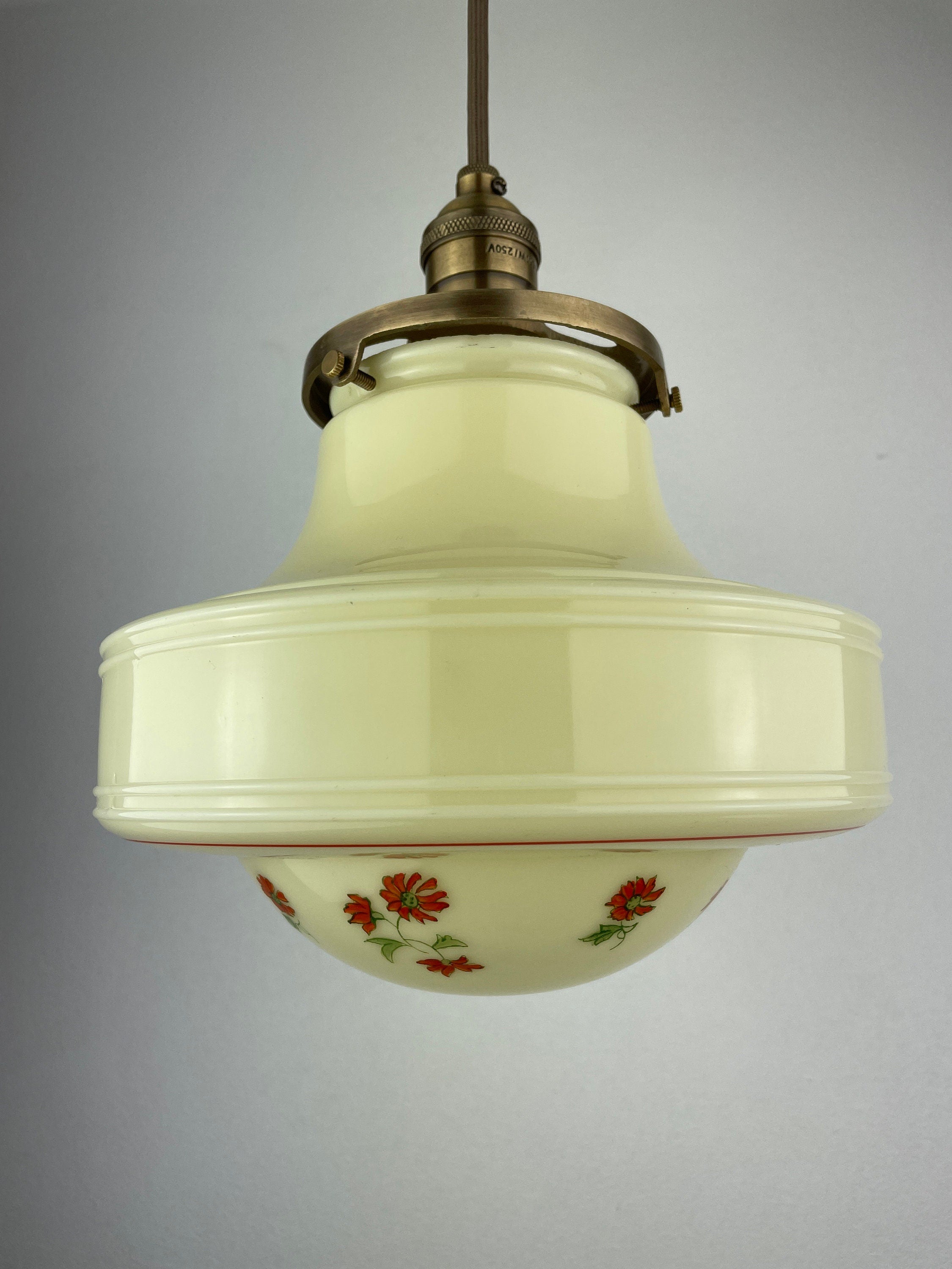 Beautiful Antique 1920's Custard Shade with Hand Painted Green & Red Flowers with Antique Brass Hardware