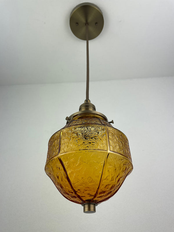 Vintage Amber 6" textured Glass Hexagon shaped shade - Pendant Light - W/Antique Brass Hardware