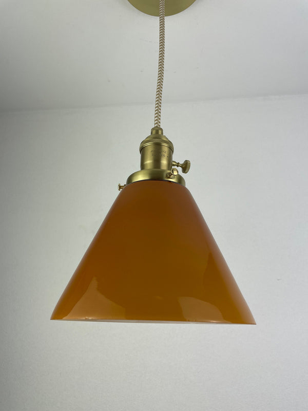Beautiful vintage 6 3/4" Amber Glass Shade with interior white casing shown with Satin Brass hardware