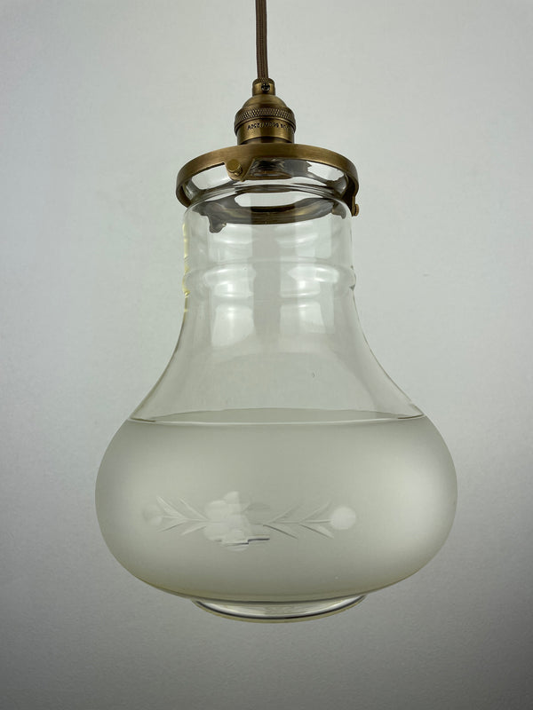 Beautiful 1970's Hand Blown clear/etched/frosted teardrop glass 8" shade now a pendant light