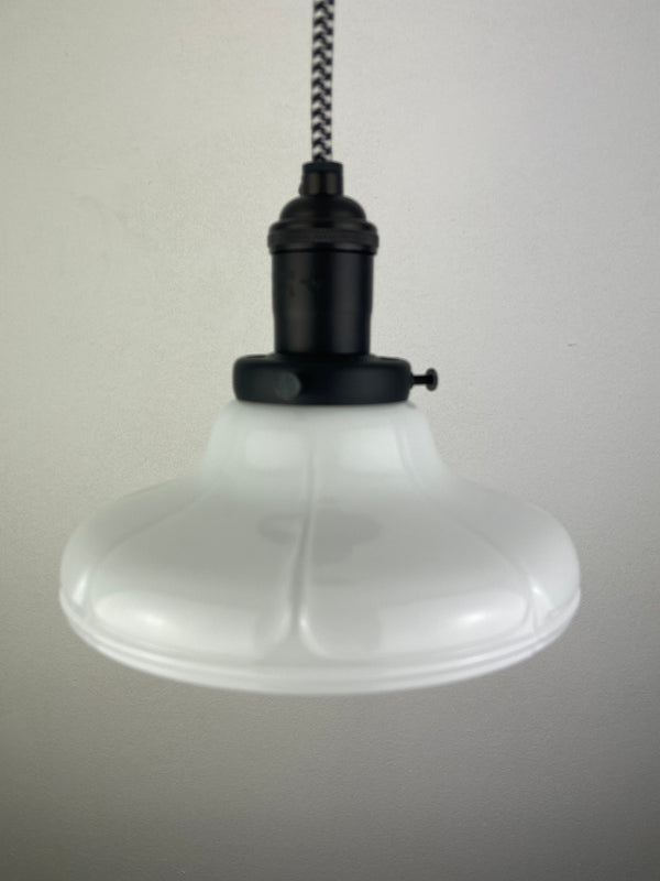 Antique 1920's Milk Glass 6 3/4" Shade now a beautiful Pendant Light shown with custom Black Hardware