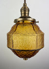Vintage Amber 6" textured Glass Hexagon shaped shade - Pendant Light - W/Antique Brass Hardware