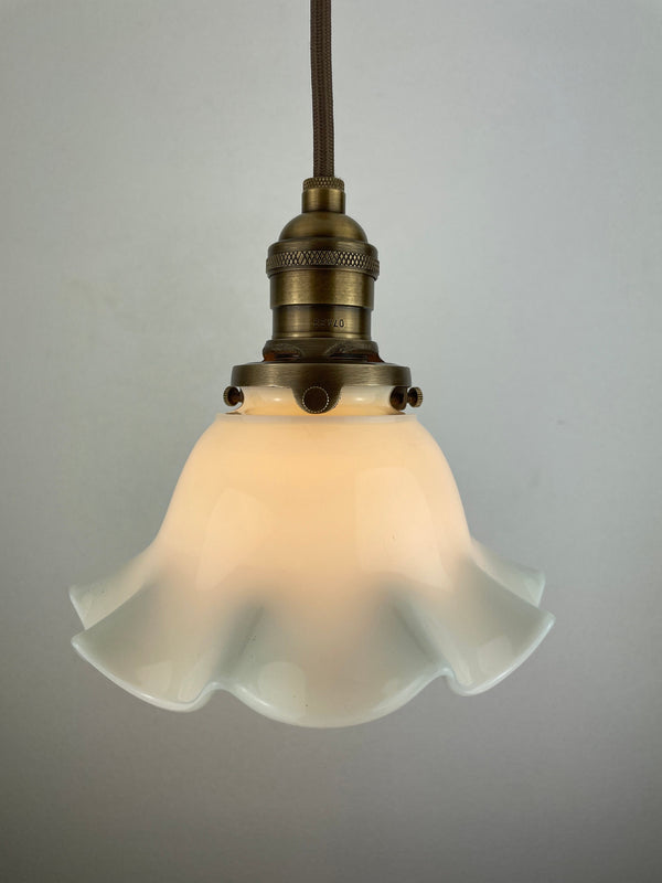 Antique 1920's Ruffled Petticoat Petite Milk Glass Pendant Light with 6 1/4" Shade