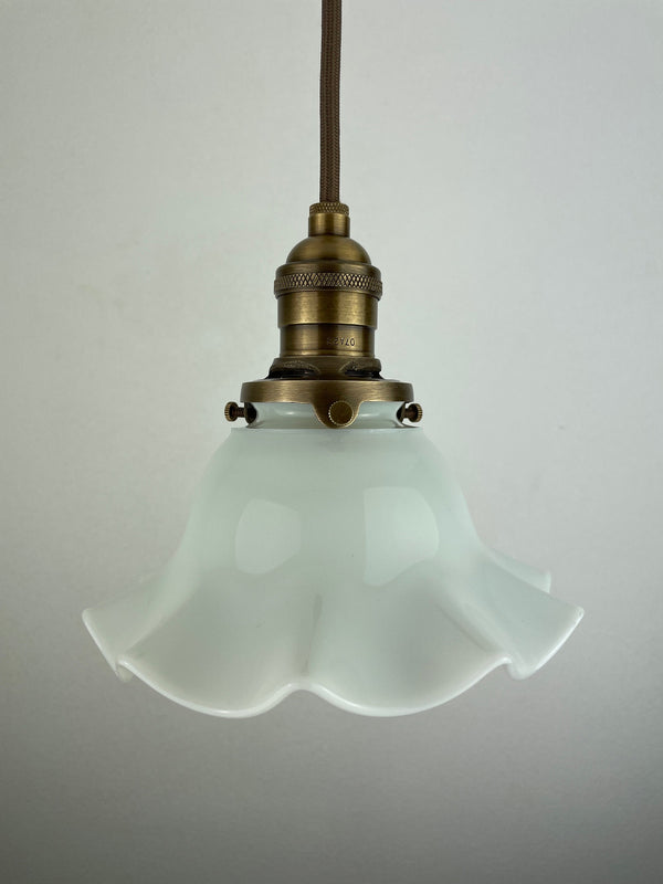 Antique 1920's Ruffled Petticoat Petite Milk Glass Pendant Light with 6 1/2" Shade