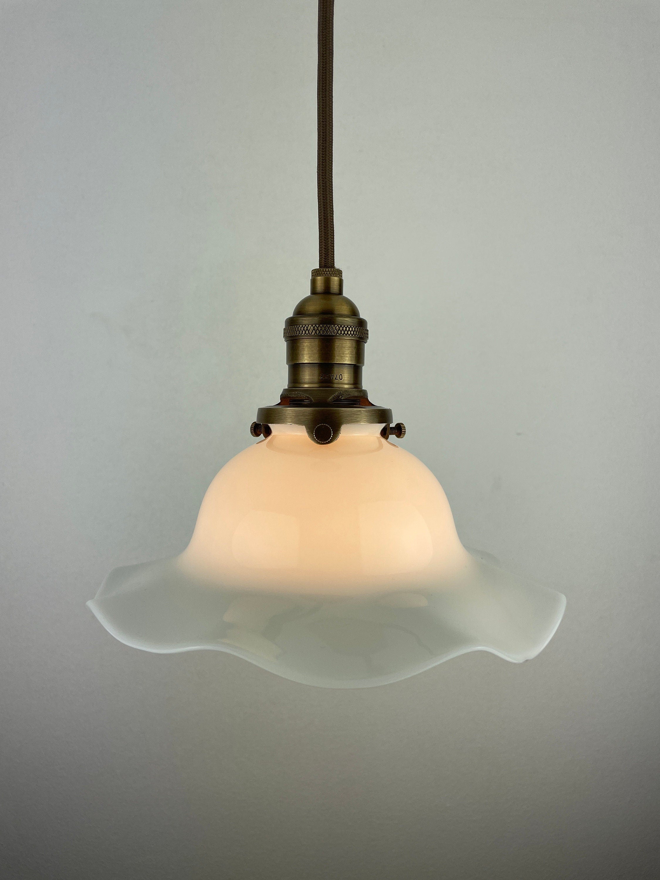 Antique 1920's Ruffled Petticoat Milk Glass Pendant Light with 8