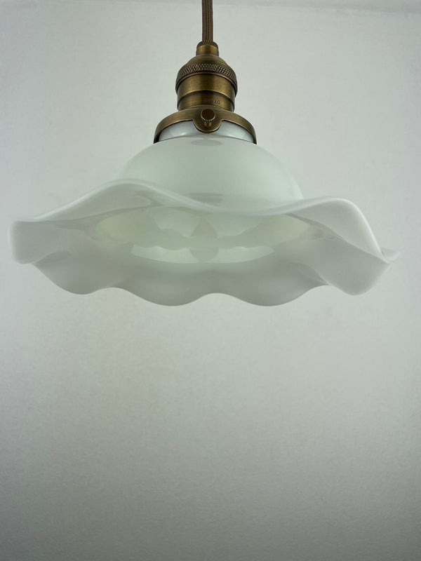 Antique 1920's Ruffled Petticoat Milk Glass Pendant Light with 8" Shade
