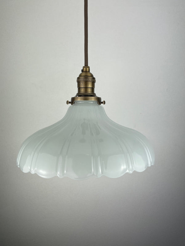 Large 10 1/4" 1920's Off White Translucent Milk Glass Shade now a beautiful Pendant Light with Antique Brass Hardware