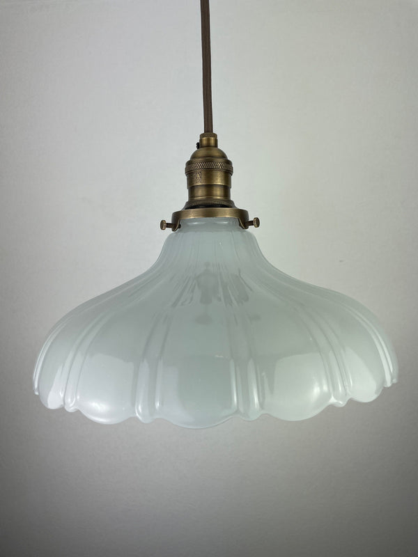 Large 10 1/4" 1920's Off White Translucent Milk Glass Shade now a beautiful Pendant Light with Antique Brass Hardware