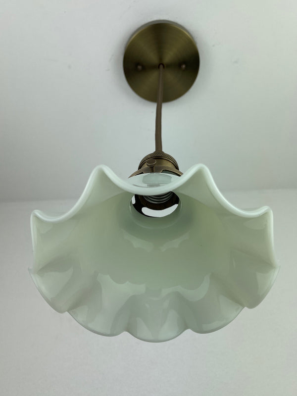 Antique 1920's Ruffled Petticoat Petite Milk Glass Pendant Light with 6 1/4" Shade