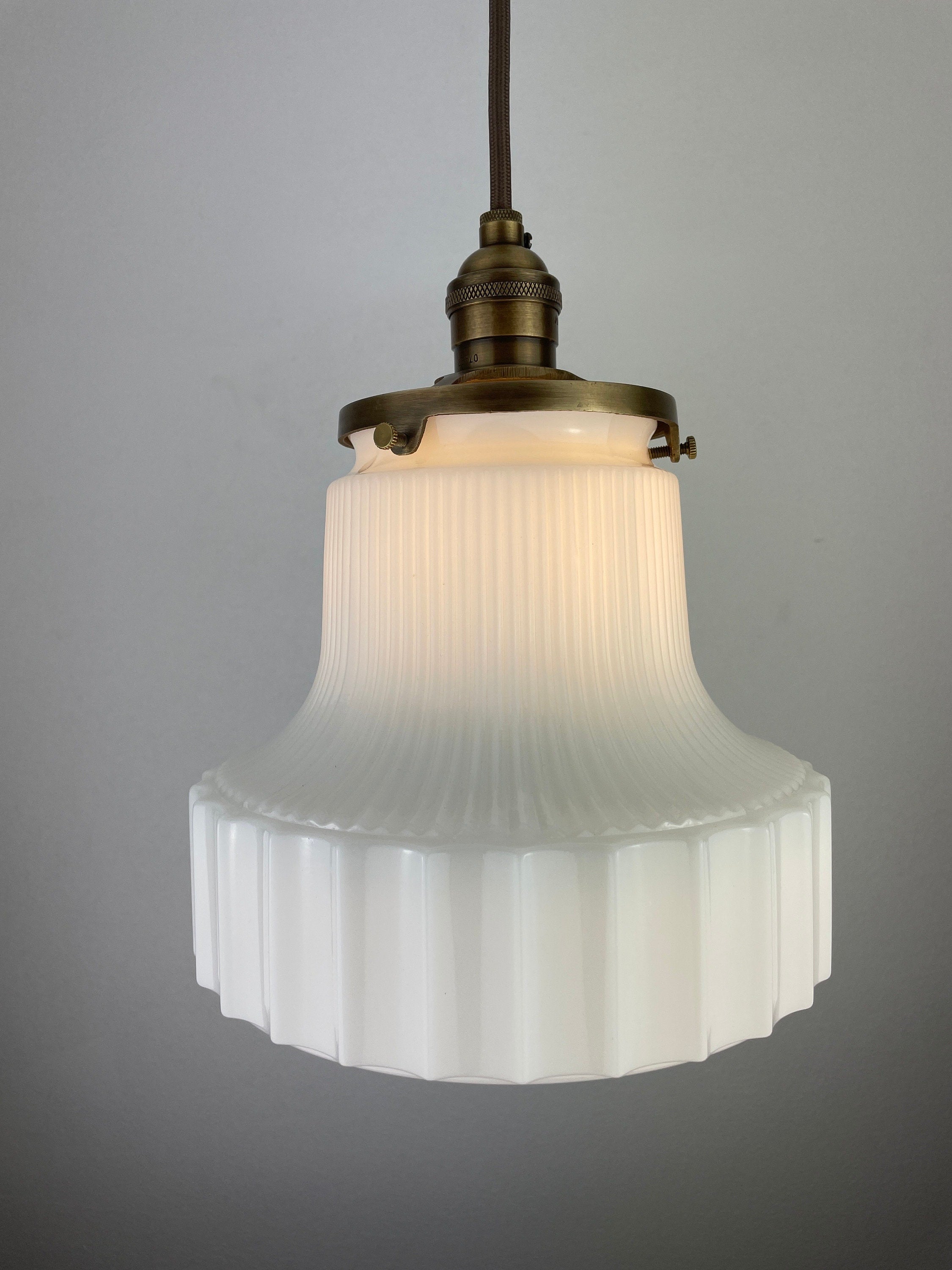 Antique Art Deco 1930's Ribbed Milk Glass Shade - Now a beautiful Pendant Light