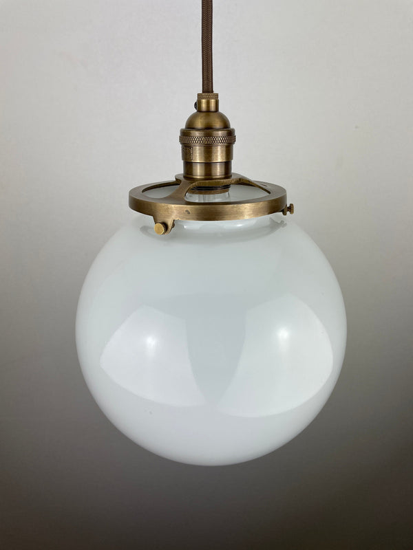 Pair of Vintage 1950-60's  8" Opal/Milk Glass Globes Pendant Lights   ***Price is for Pair*** with Antique Brass Hardware