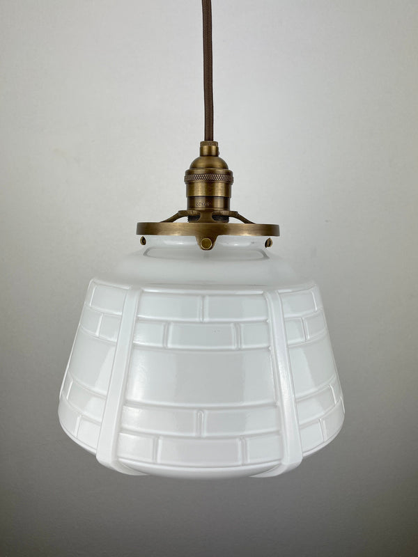 Antique 1920's Brick Design Milk Glass 9" Globe Pendant Light