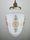 Set of (3) French Vianne 10 3/4" hand blown white satin finish glass shades with intricate gold etching