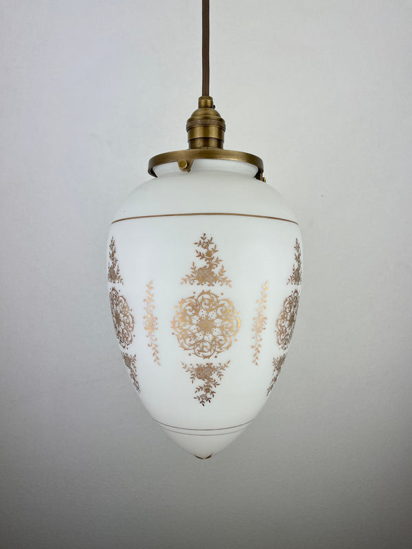 Set of (3) French Vianne 10 3/4" hand blown white satin finish glass shades with intricate gold etching