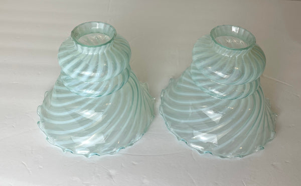 Rare Pair of early 1900's 6 1/2 Blue Hand Blown Swirl Glass Shades  - Now two beautiful Pendant Lights