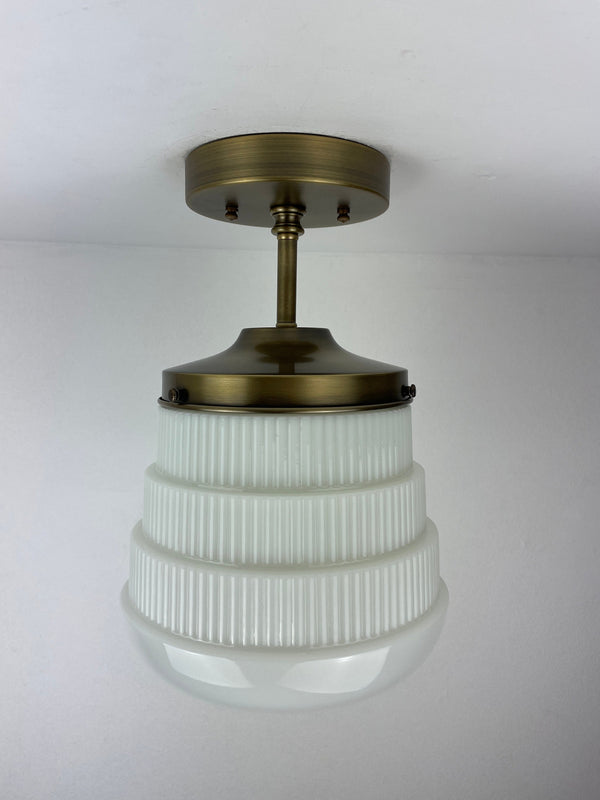 Antique Art Deco 1920's 8" Ribbed Milk Glass Shade - Now a beautiful Semi Flush Pendant Light with Antique Brass Hardware