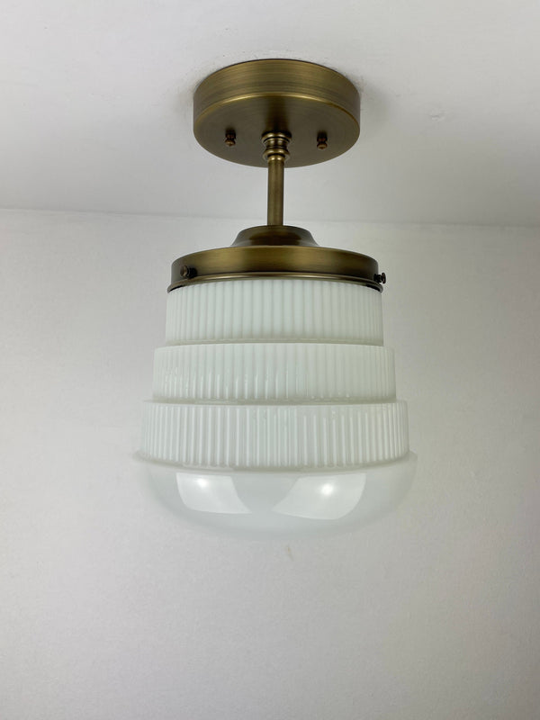 Antique Art Deco 1920's 8" Ribbed Milk Glass Shade - Now a beautiful Semi Flush Pendant Light with Antique Brass Hardware