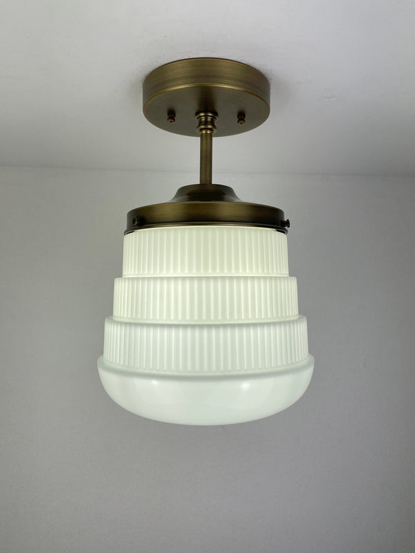 Antique Art Deco 1920's 8" Ribbed Milk Glass Shade - Now a beautiful Semi Flush Pendant Light with Antique Brass Hardware