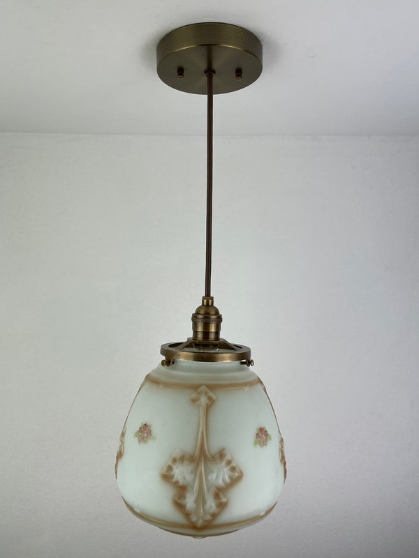 Art Nouveau 8"  Milk Glass shade with intricate amber leaf design & little painted flowers